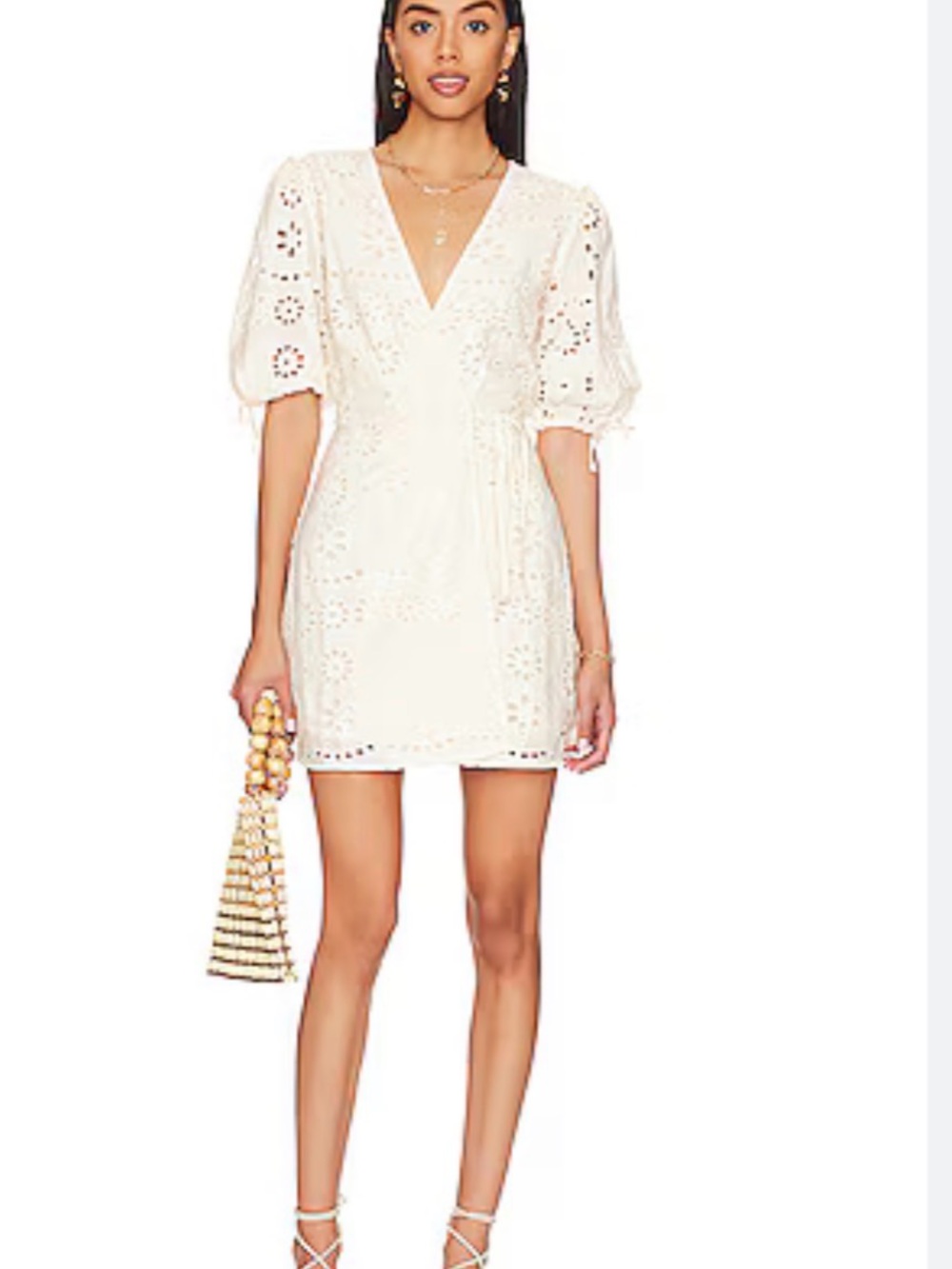 Chaser Brand Cassia Puff-Sleeve Eyelet Mini Dress Medium
